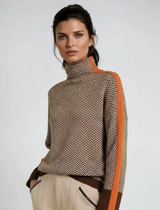Elena Herringbone Turtleneck with Contrast Stripes in Brown & Orange
