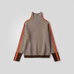 Elena Herringbone Turtleneck with Contrast Stripes in Brown & Orange