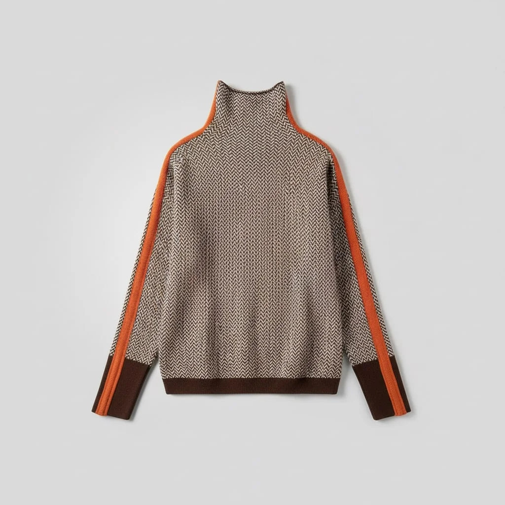 Elena Herringbone Turtleneck with Contrast Stripes in Brown & Orange