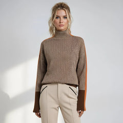 Elena Herringbone Turtleneck with Contrast Stripes in Brown & Orange