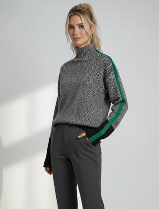 Elena Herringbone Turtleneck with Contrast Stripes in Grey & Green
