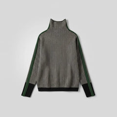 Elena Herringbone Turtleneck with Contrast Stripes in Grey & Green