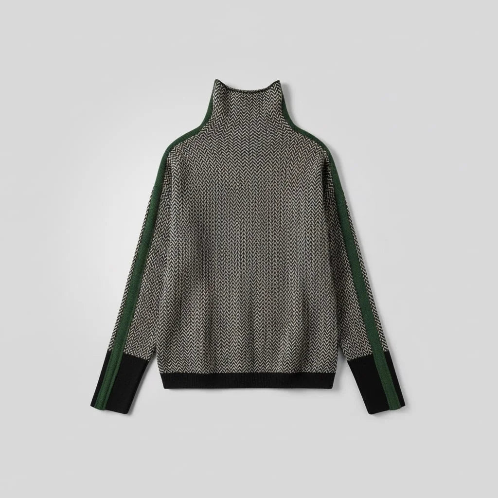 Elena Herringbone Turtleneck with Contrast Stripes in Grey & Green