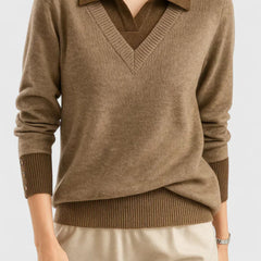 Eliza Layered Look Collar V-Neck Sweater in Brown