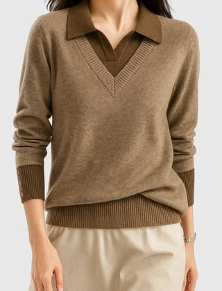 Eliza Layered Look Collar V-Neck Sweater in Brown