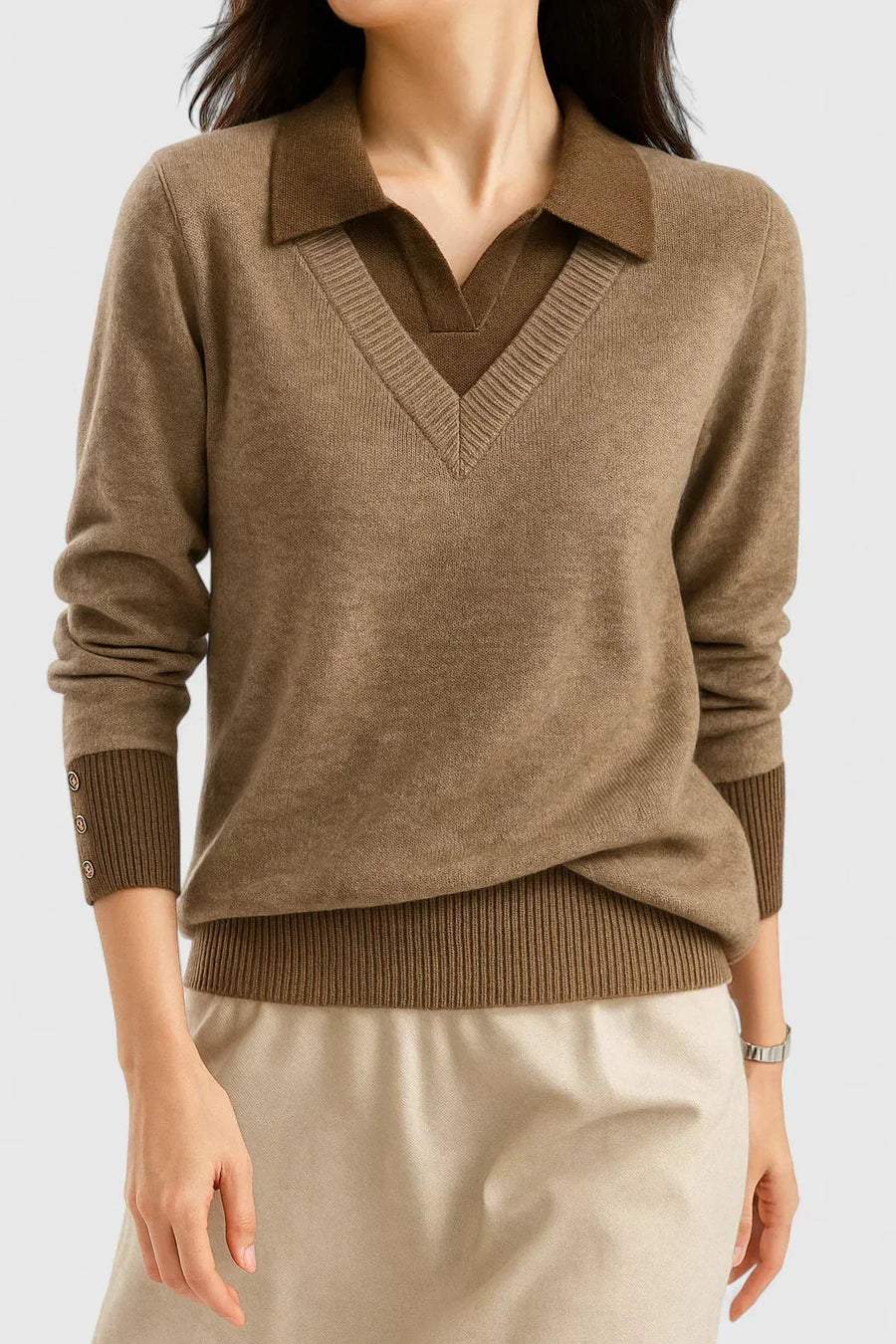 Eliza Layered Look Collar V-Neck Sweater in Brown