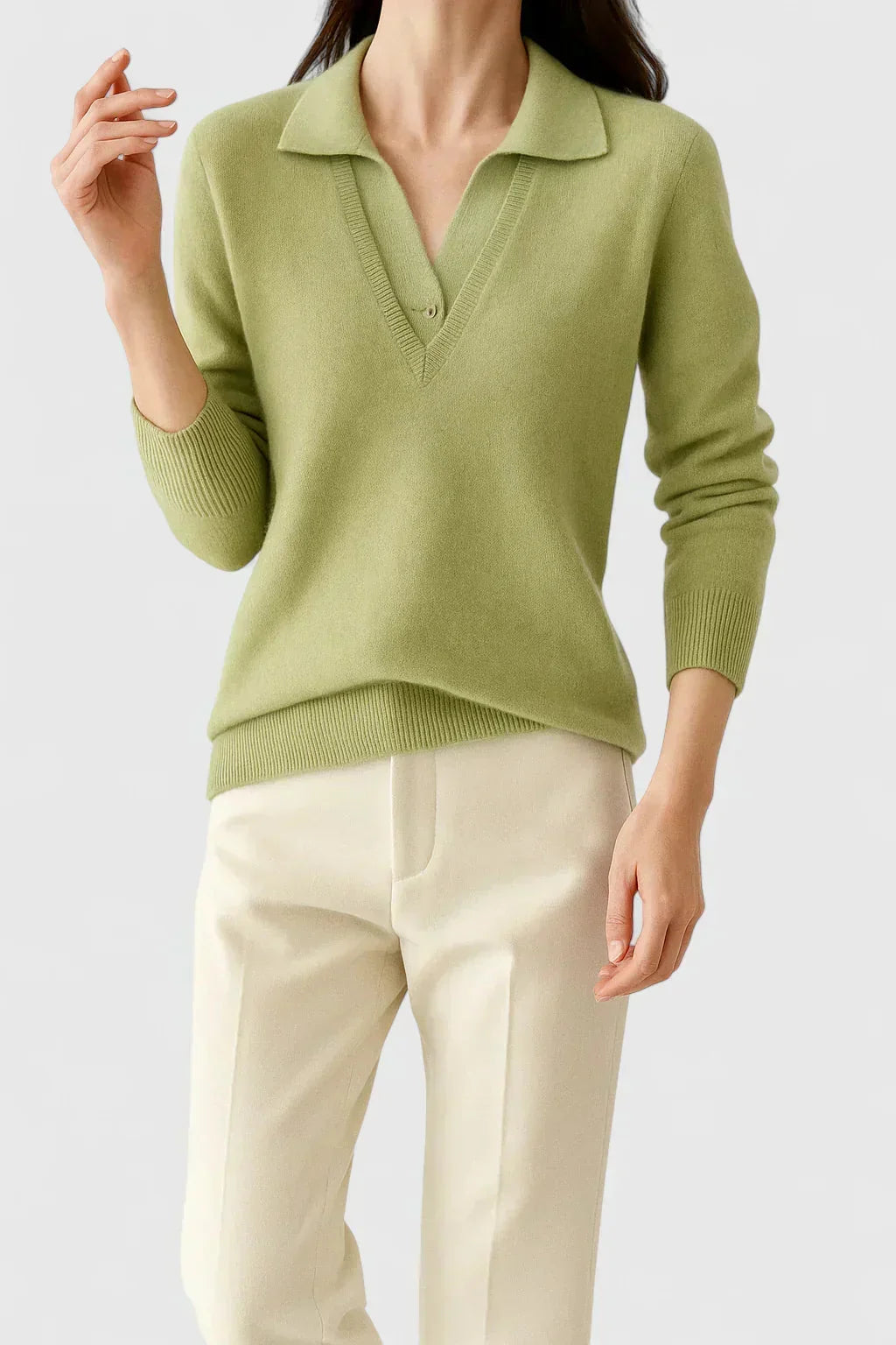Eliza Layered Look Collar V-Neck Sweater in Light Green