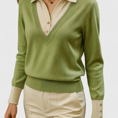 Eliza Layered Look Collar V-Neck Sweater in Light Green
