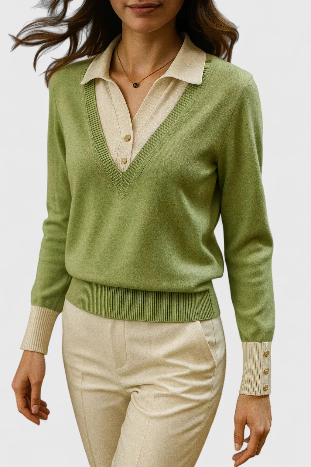 Eliza Layered Look Collar V-Neck Sweater in Light Green