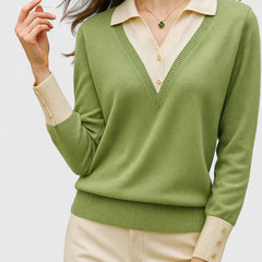 Eliza Layered Look Collar V-Neck Sweater in Light Green