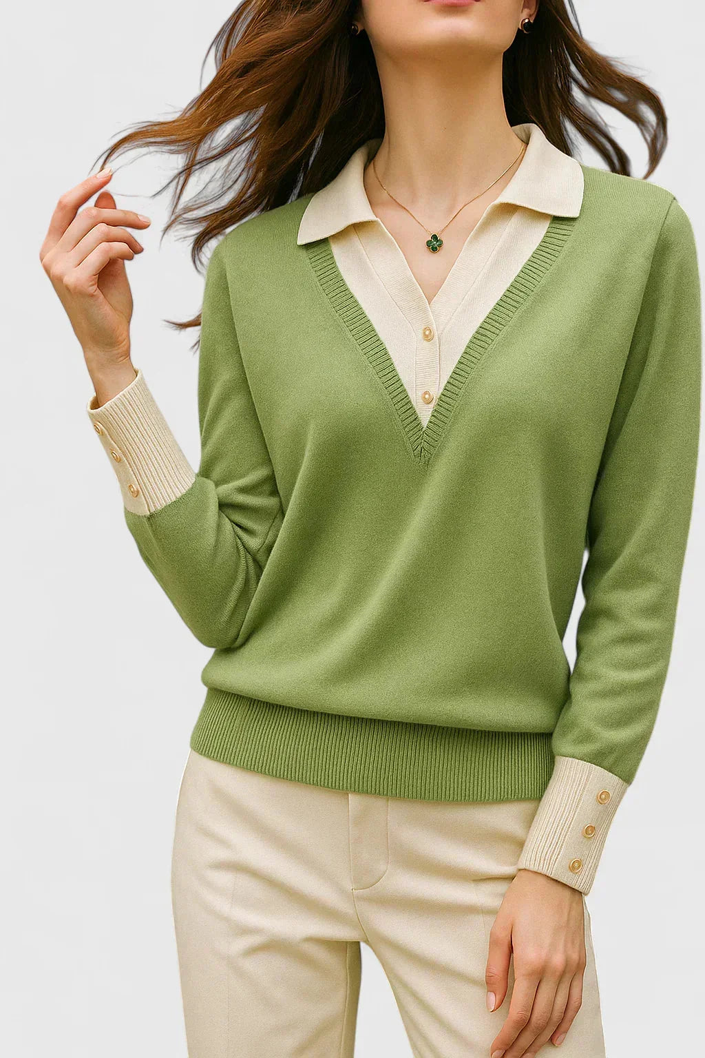 Eliza Layered Look Collar V-Neck Sweater in Light Green