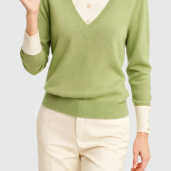 Eliza Layered Look Collar V-Neck Sweater in Light Green