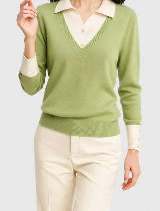 Eliza Layered Look Collar V-Neck Sweater in Light Green