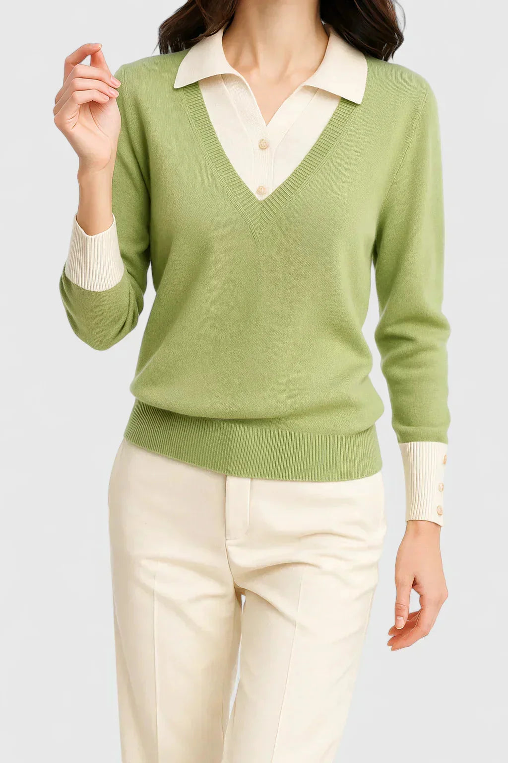Eliza Layered Look Collar V-Neck Sweater in Light Green