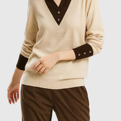 Eliza Layered Look Collar V-Neck Sweater in Beige