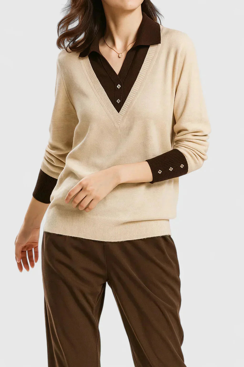 Eliza Layered Look Collar V-Neck Sweater in Beige