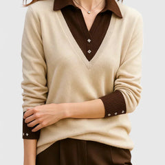 Eliza Layered Look Collar V-Neck Sweater in Beige