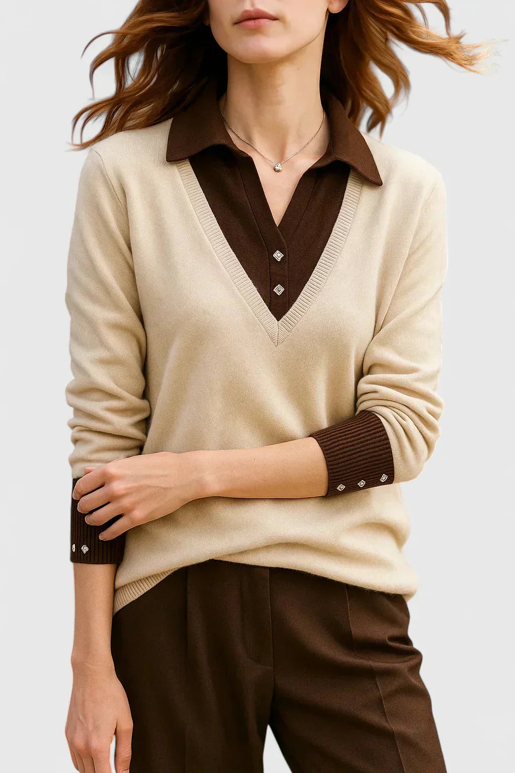 Eliza Layered Look Collar V-Neck Sweater in Beige