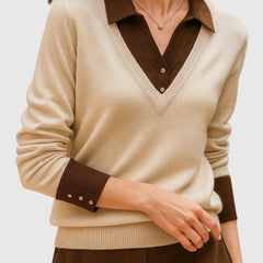 Eliza Layered Look Collar V-Neck Sweater in Beige