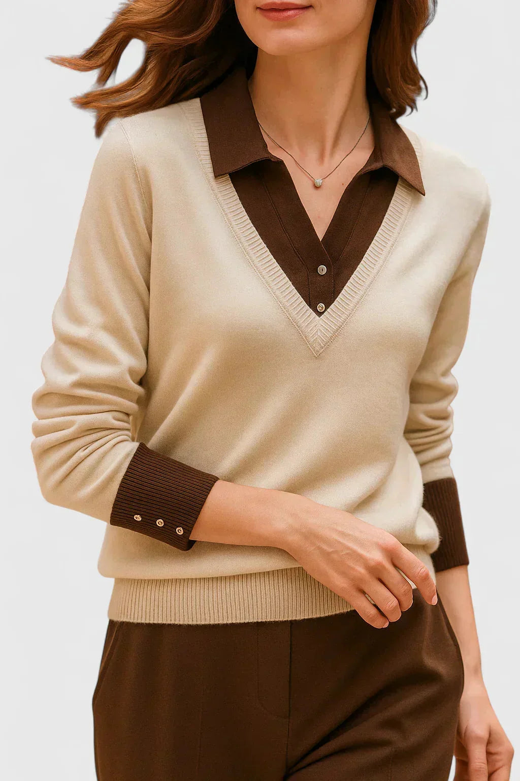 Eliza Layered Look Collar V-Neck Sweater in Beige