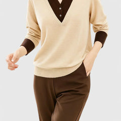 Eliza Layered Look Collar V-Neck Sweater in Beige