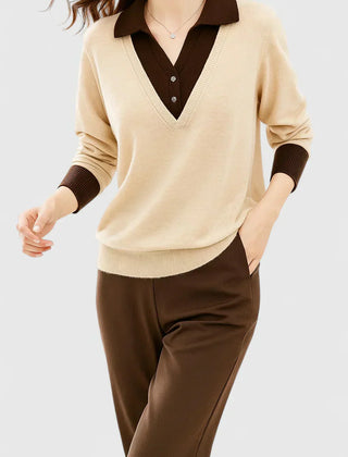 Eliza Layered Look Collar V-Neck Sweater in Beige