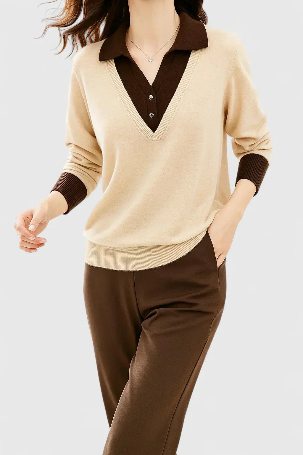 Eliza Layered Look Collar V-Neck Sweater in Beige