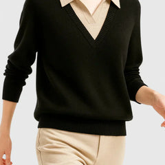 Eliza Layered Look Collar V-Neck Sweater in Black