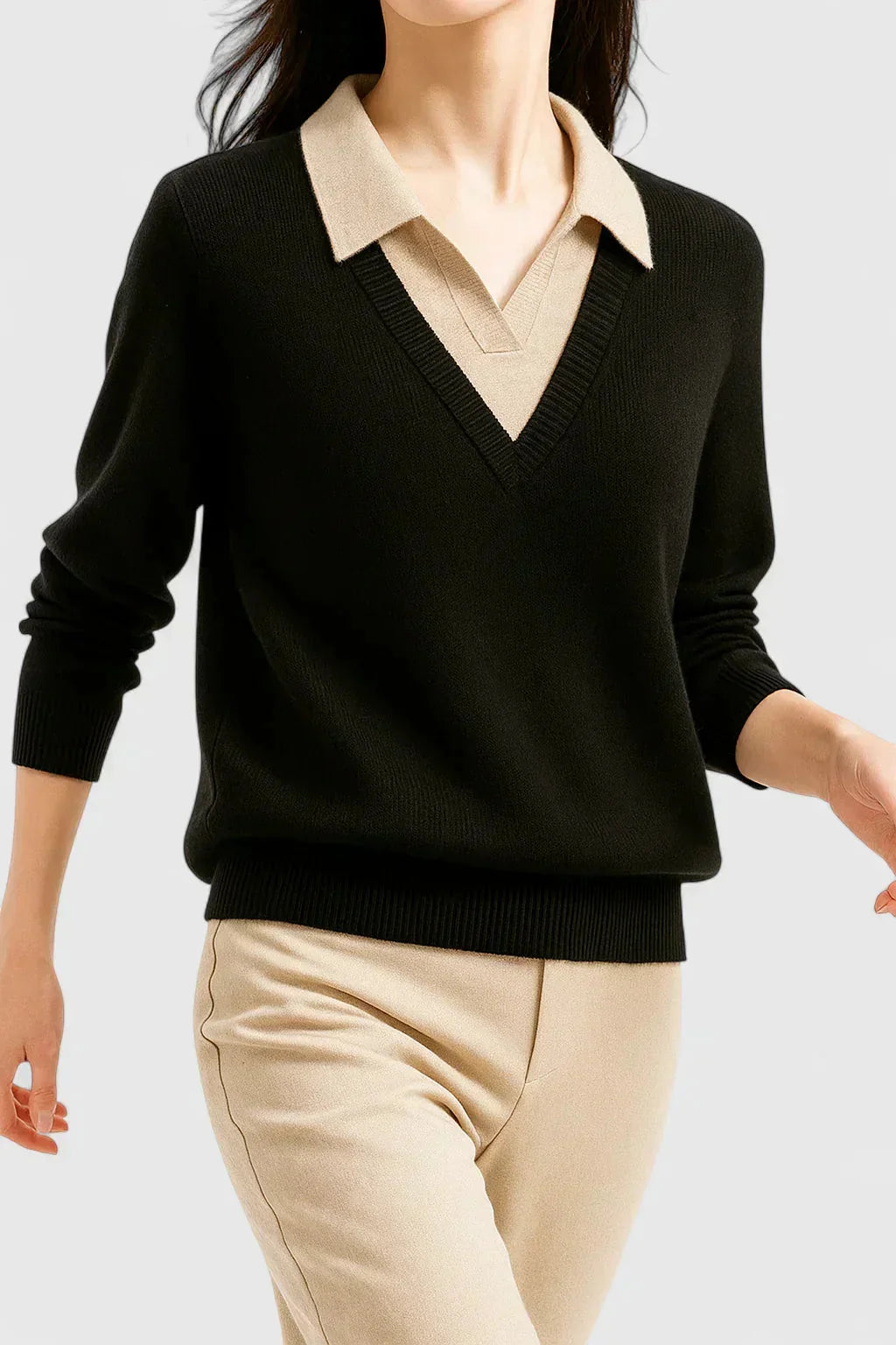 Eliza Layered Look Collar V-Neck Sweater in Black
