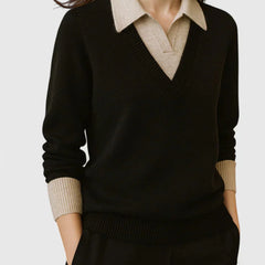 Eliza Layered Look Collar V-Neck Sweater in Black