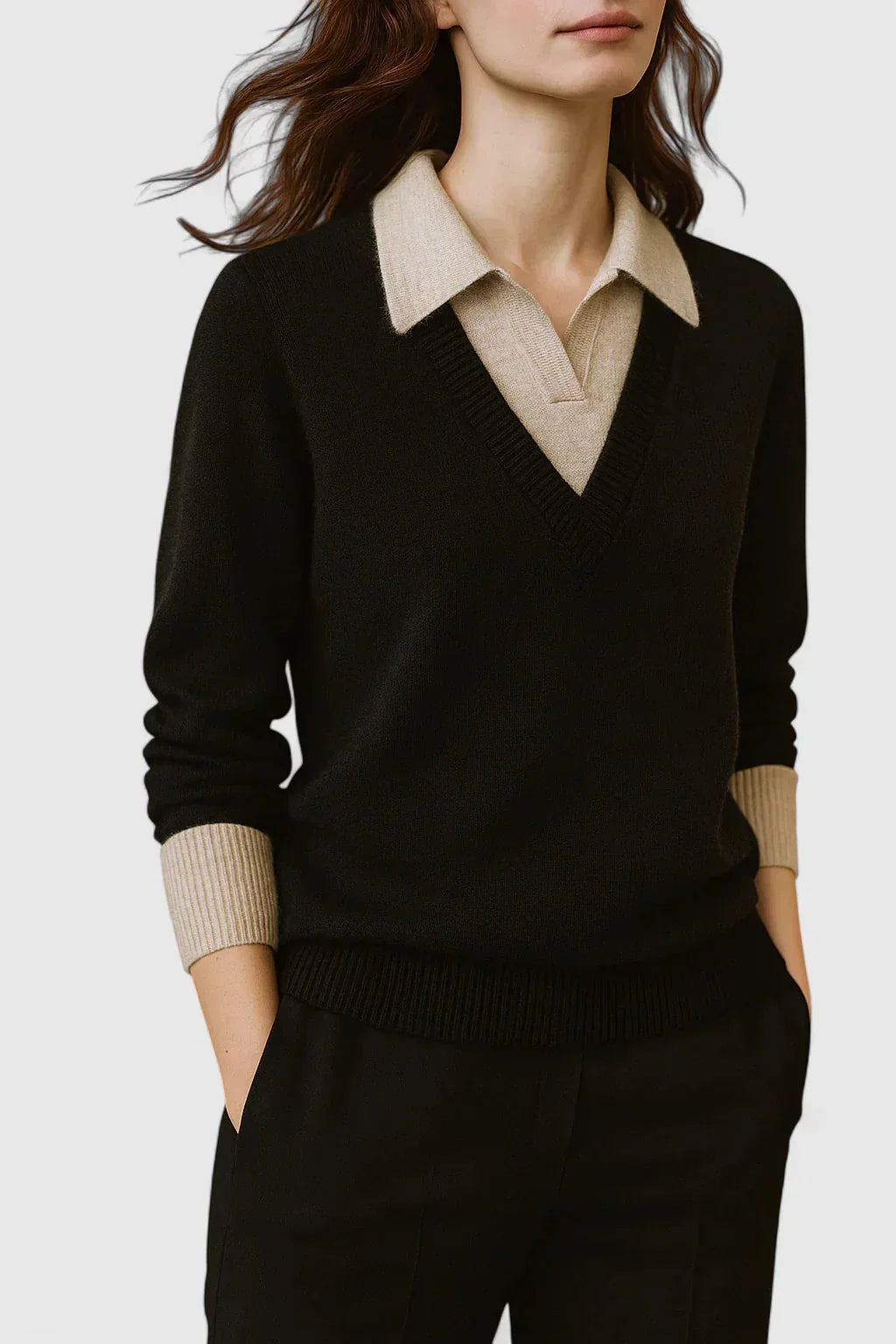 Eliza Layered Look Collar V-Neck Sweater in Black