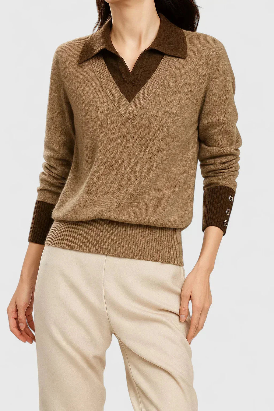 Eliza Layered Look Collar V-Neck Sweater in Brown