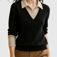 Eliza Layered Look Collar V-Neck Sweater in Black