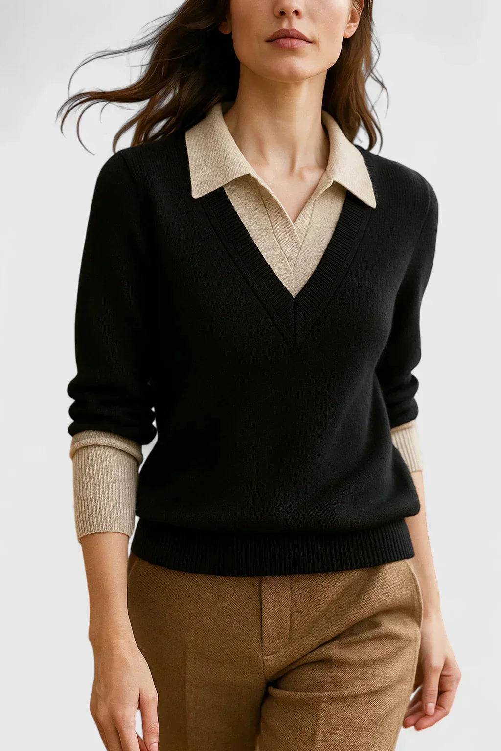 Eliza Layered Look Collar V-Neck Sweater in Black