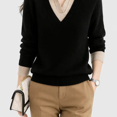 Eliza Layered Look Collar V-Neck Sweater in Black