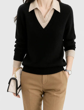 Eliza Layered Look Collar V-Neck Sweater in Black