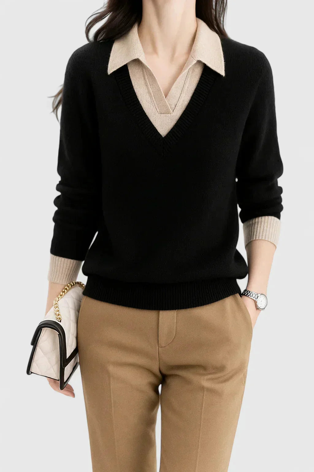 Eliza Layered Look Collar V-Neck Sweater in Black