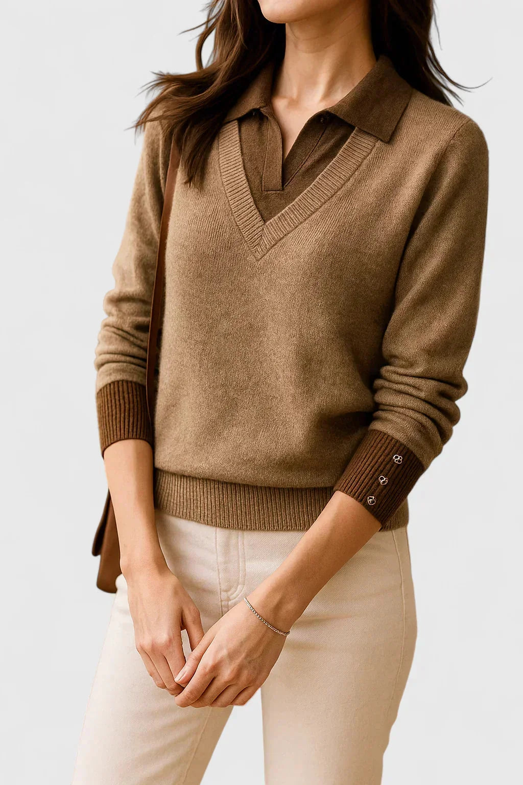 Eliza Layered Look Collar V-Neck Sweater in Brown