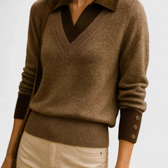 Eliza Layered Look Collar V-Neck Sweater in Brown