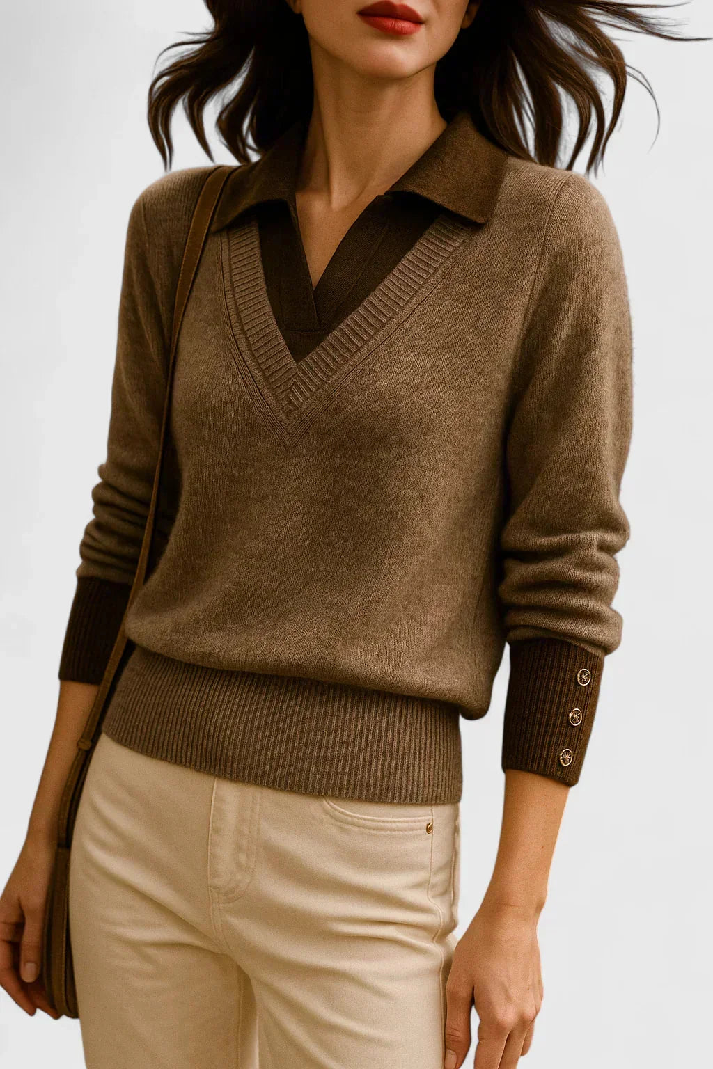 Eliza Layered Look Collar V-Neck Sweater in Brown