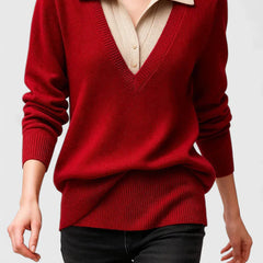 Eliza Layered Look Collar V-Neck Sweater in Red