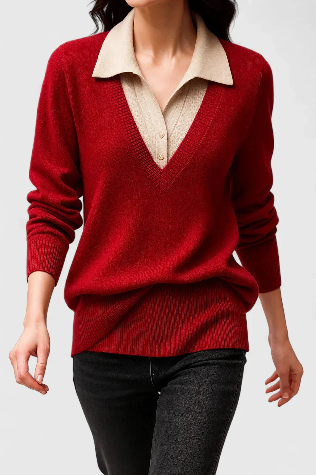 Eliza Layered Look Collar V-Neck Sweater in Red