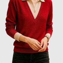 Eliza Layered Look Collar V-Neck Sweater in Red