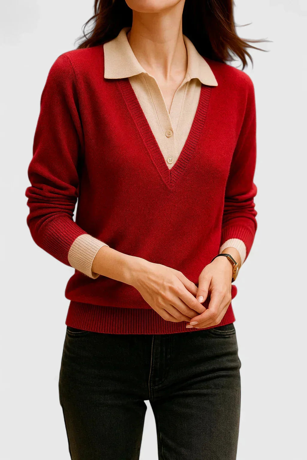 Eliza Layered Look Collar V-Neck Sweater in Red
