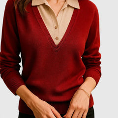 Eliza Layered Look Collar V-Neck Sweater in Red
