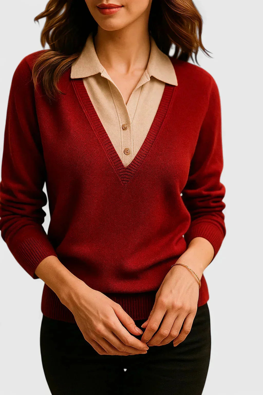 Eliza Layered Look Collar V-Neck Sweater in Red