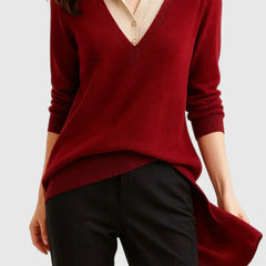 Eliza Layered Look Collar V-Neck Sweater in Red