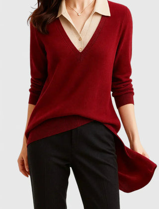 Eliza Layered Look Collar V-Neck Sweater in Red