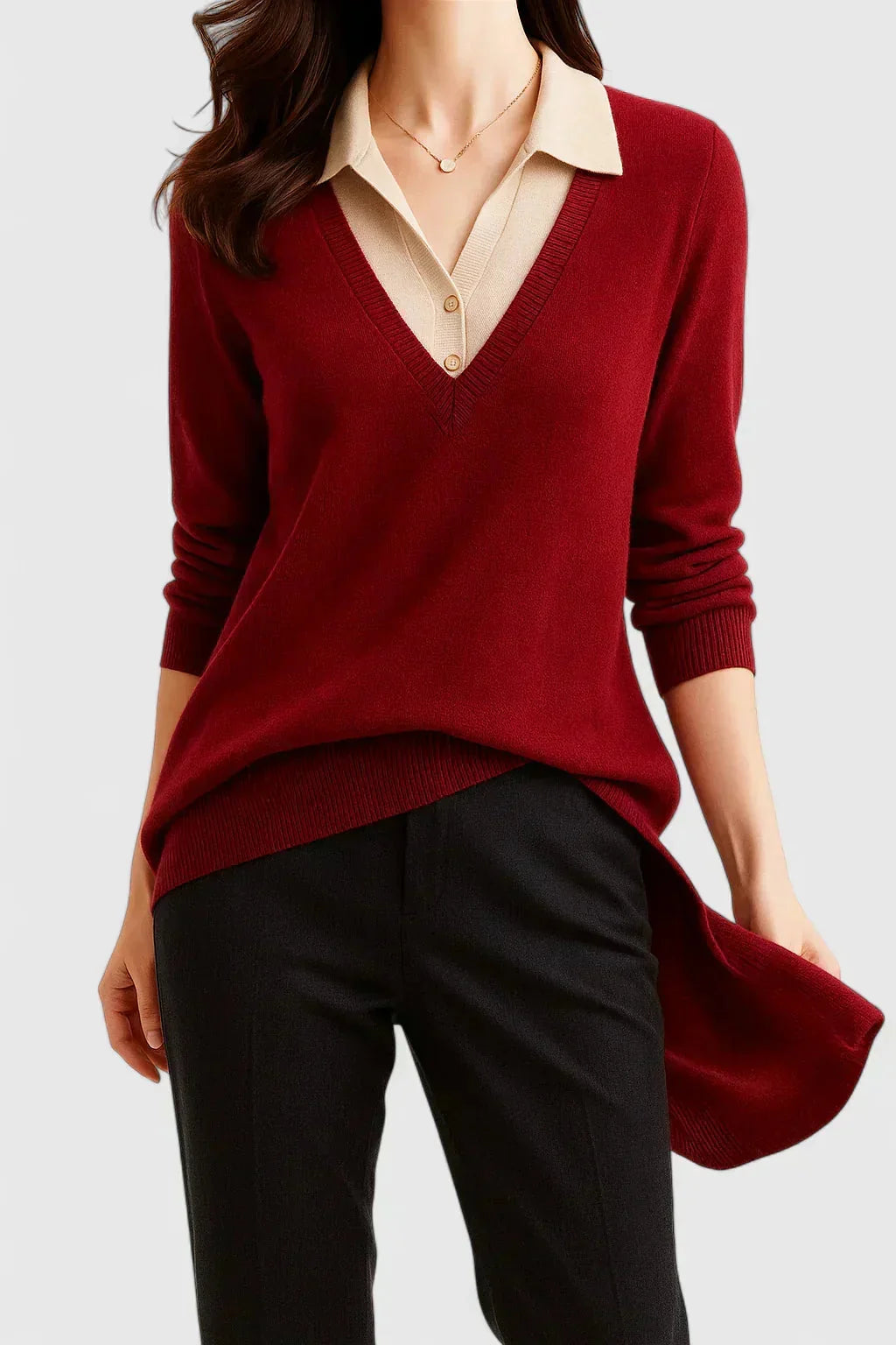 Eliza Layered Look Collar V-Neck Sweater in Red