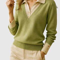Eliza Layered Look Collar V-Neck Sweater in Light Green